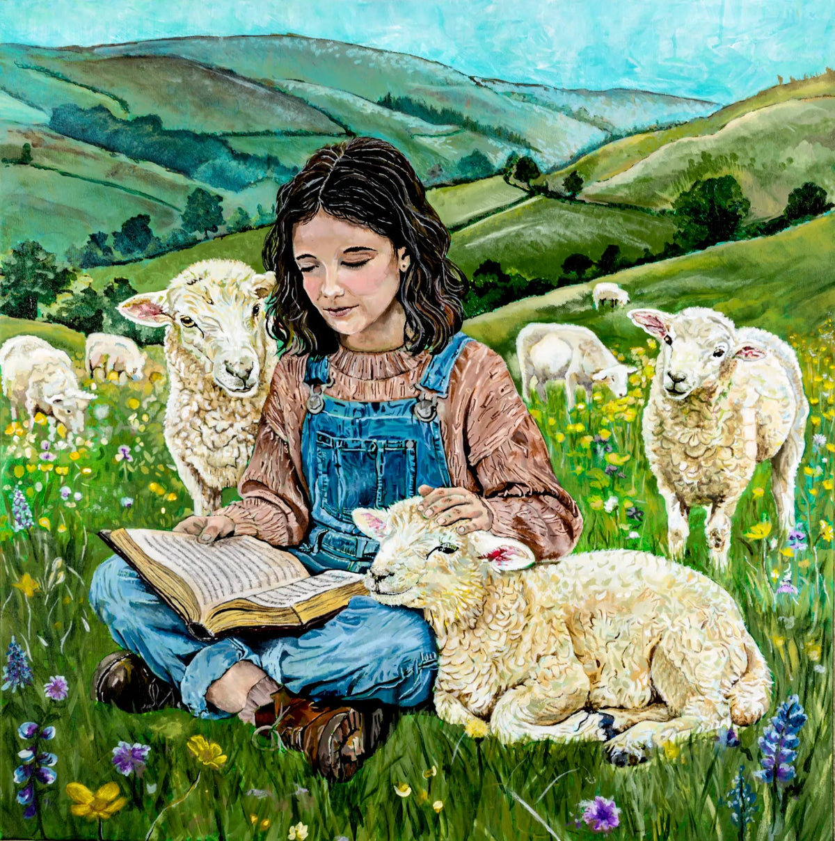 In the Pasture painting — a woman reading her journal in a wildflower pasture with sheep gathered close